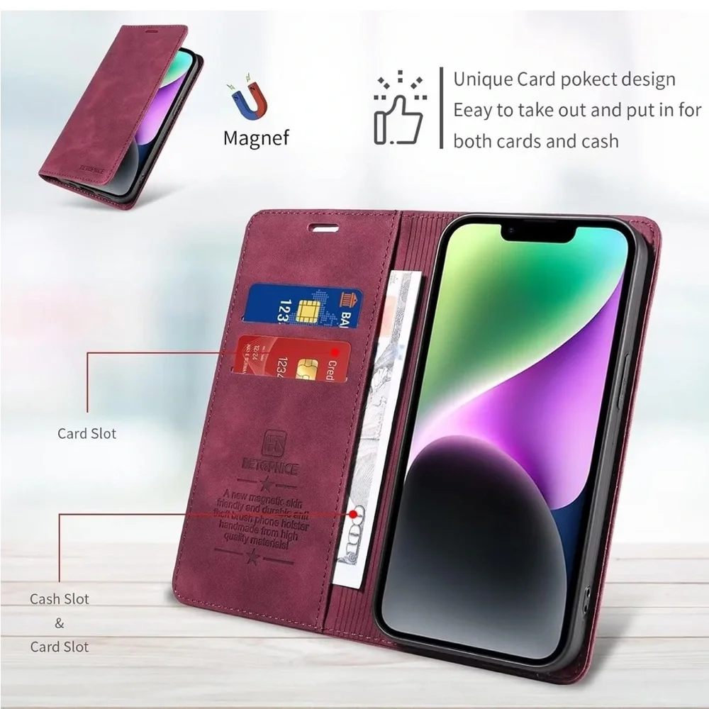 5for$10 Burgundy iPhone 15 Plus Leather Phone Case Card Holder Magnetic Case NWT